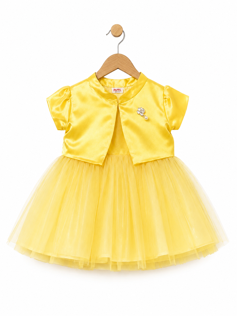 Baby Girls Yellow Satin Party Frock with Butterfly Net Layer & Pure Cotton Inner | Infant Princess Dress