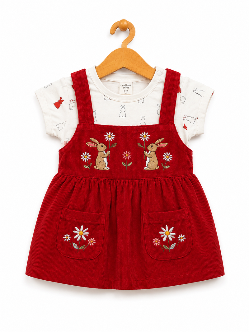Infant Girls Rabbit Embroidered Red Dungaree Set