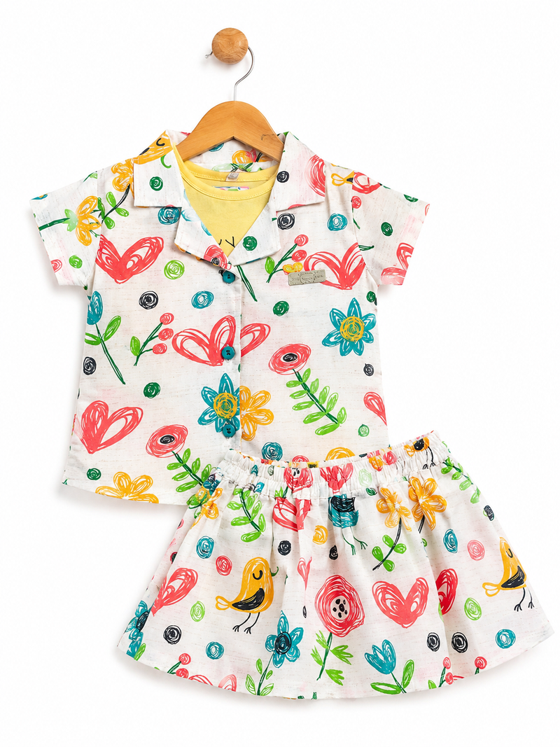 Girls Floral Print 3-Piece Co-Ord Set | Shirt, T-Shirt & Skirt | ShoppingMood