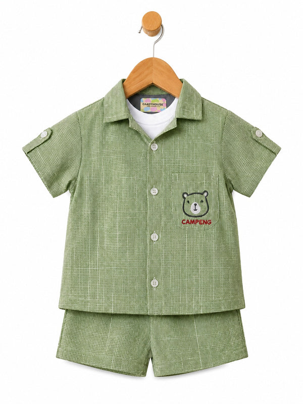Pure Cotton Baby Co-Ord Set | Green Checked Shirt, T-Shirt & Shorts | Unisex Baby Wear
