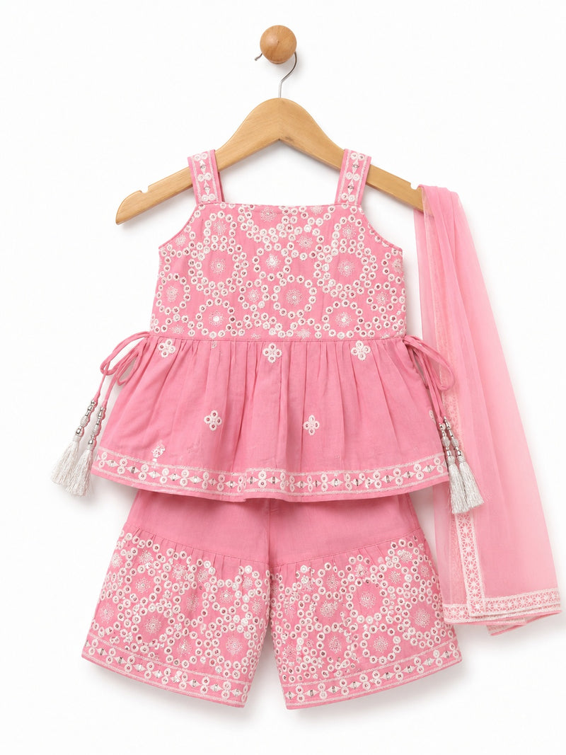 Baby Girls Pink Embroidered Cotton Sharara Set with Dupatta | Ethnic Party Wear