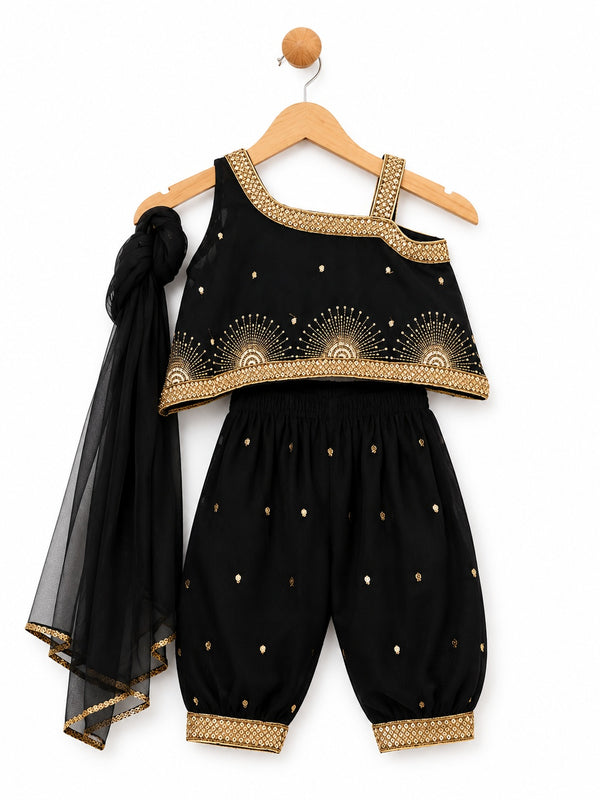 Baby Girls Black Embroidered Ethnic Afghan Pant Set with Dupatta | Premium Viscose Party Wear