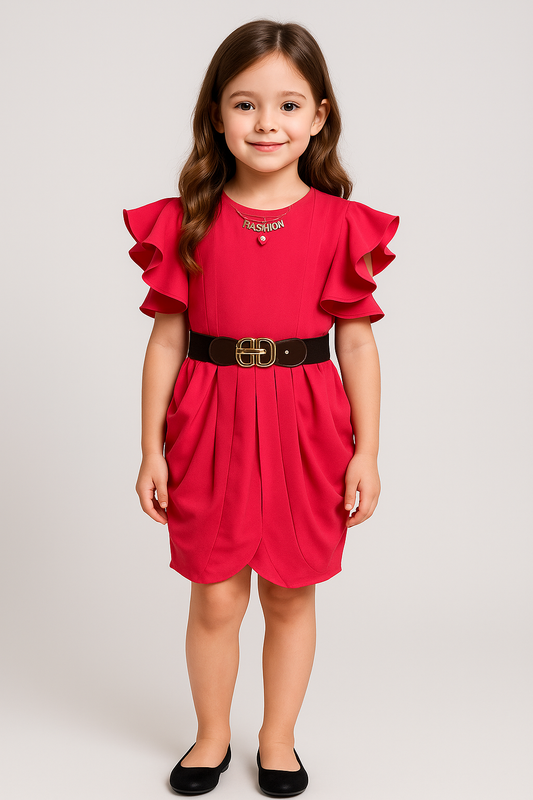 Red Dhoti-Style Midi Dress with Matching Hairband – Party Wear for Girls