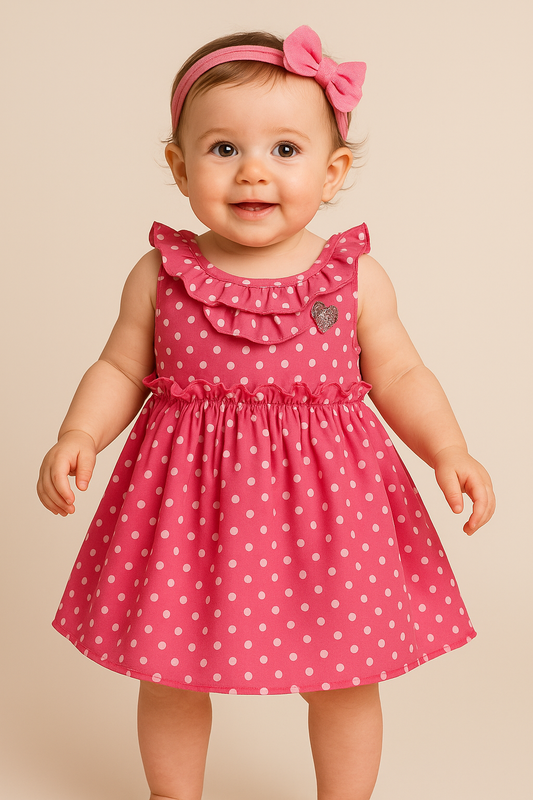 Pink Polka Dot Baby Frock with Ruffle Neck