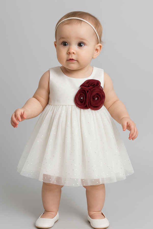 White Glitter Baby Party Frock with Red Rose Detail