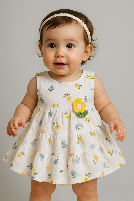 Soft Cotton Sleeveless Baby Frock with Yellow & Blue Floral Print
