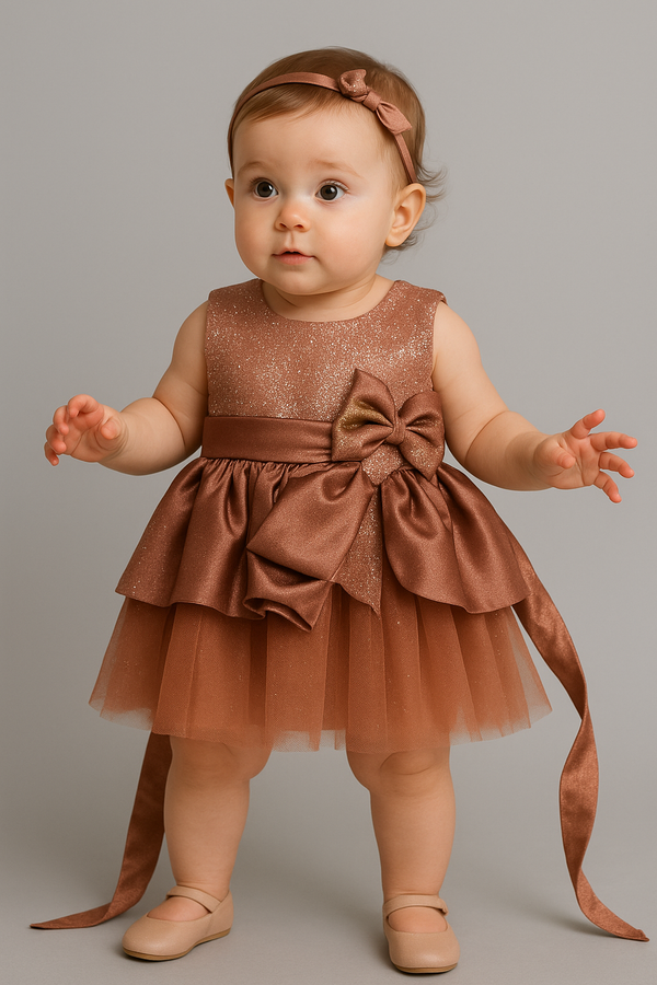 Shimmering Bronze Baby Party Frock with Satin Bow