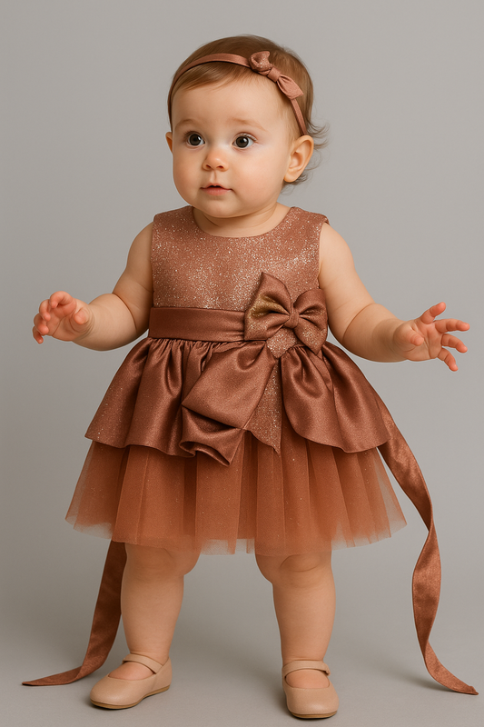 Shimmering Bronze Baby Party Frock with Satin Bow
