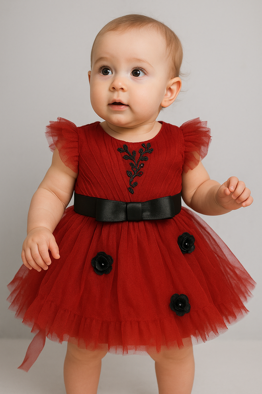 Elegant Red Net Baby Frock with Black Belt & Flower Appliqué