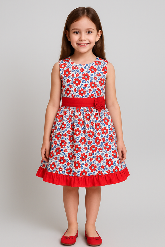 Red & Blue Floral Cotton Frock with Waist Flower Belt – Sleeveless Comfort