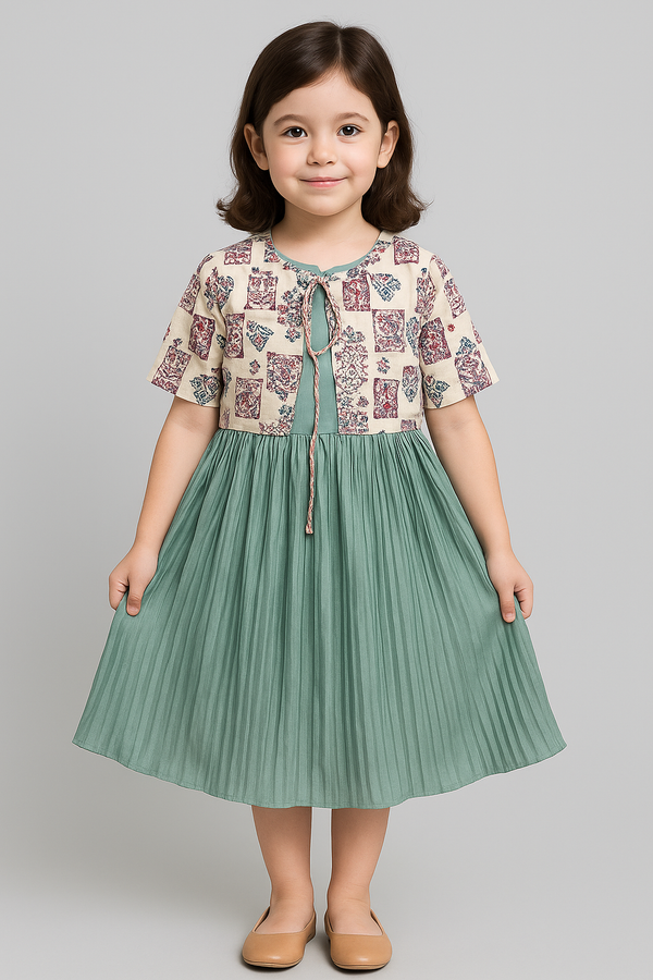 Pastel Green Pleated Chiffon Frock with Printed Overlay – Cotton Inner Comfort