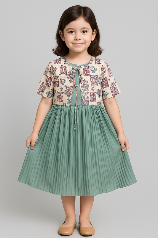 Pastel Green Pleated Chiffon Frock with Printed Overlay – Cotton Inner Comfort