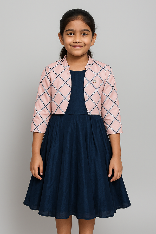 Elegant Navy Cotton Frock with Printed Pink Blazer – Stylish & Comfortable Combo
