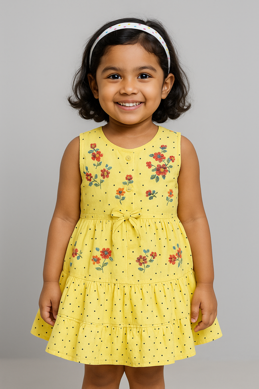 Sunny Yellow Cotton Frock – Floral & Polka Dot Delight