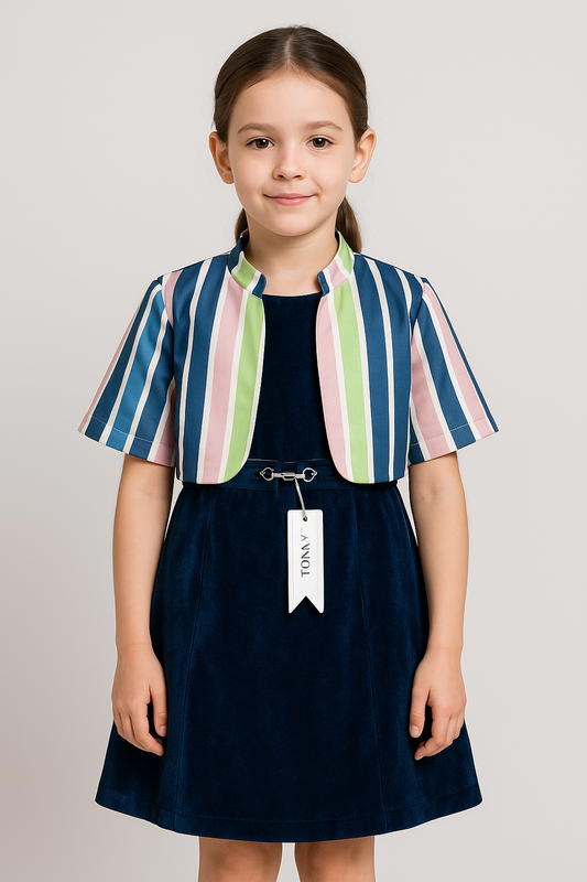 Stylish Navy Blue Party Frock with Multicolor Striped Shrug –