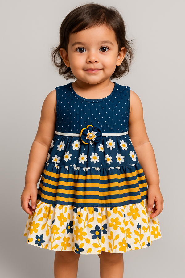 Elegant Floral Chiffon Frock for Girls – Navy Blue & Yellow Charm