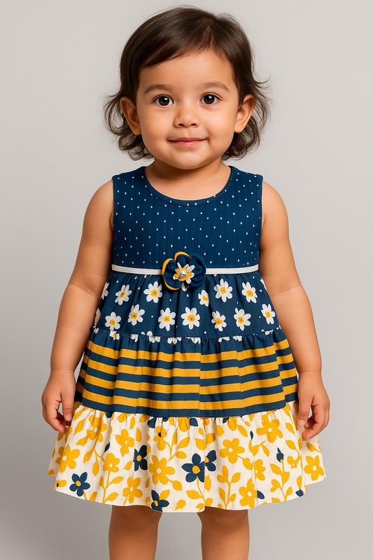 Elegant Floral Chiffon Frock for Girls – Navy Blue & Yellow Charm