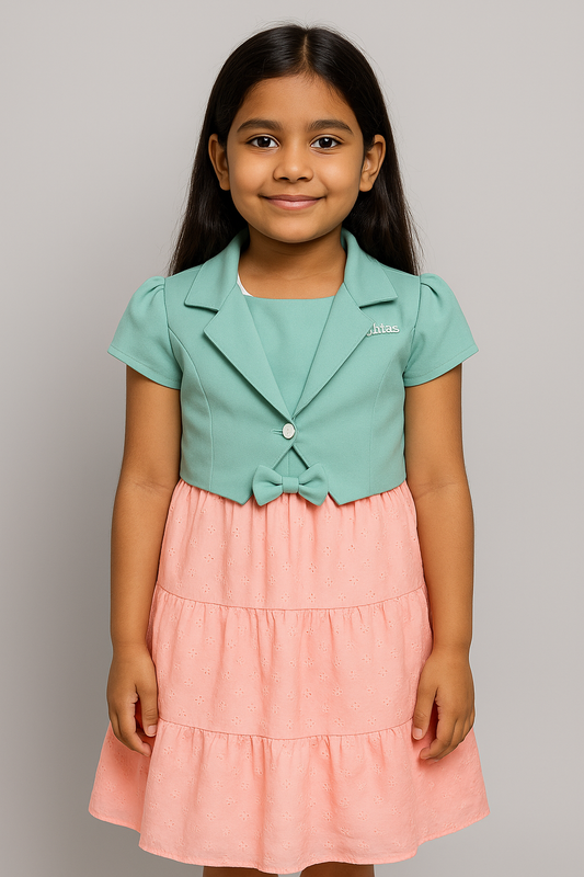 Peach Tiered Chiffon Frock with Mint Green Blazer – Cotton Inner Comfort