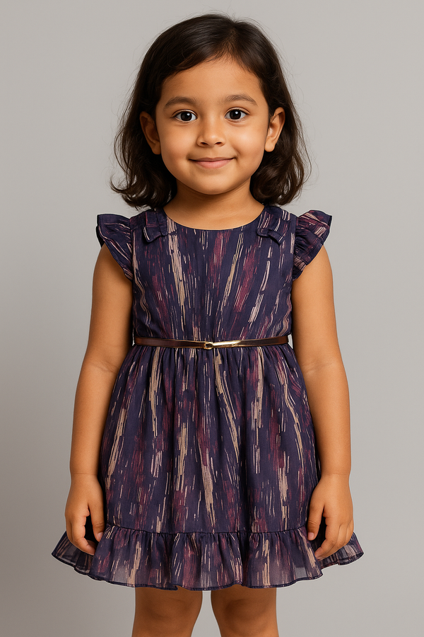 Stylish Midnight Purple Chiffon Frock with Ruffle Sleeves – Cotton Lined Comfort
