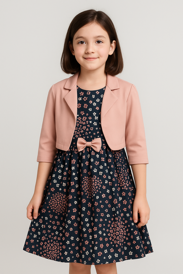 Navy Floral Cotton Frock with Blush Pink Blazer – Soft Cotton Inner