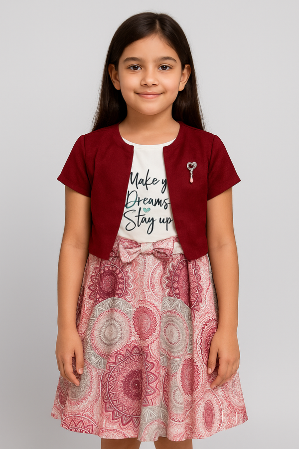 Trendy Maroon Blazer Style Cotton Dress with Printed Skirt – “Make Your Dreams” Edition