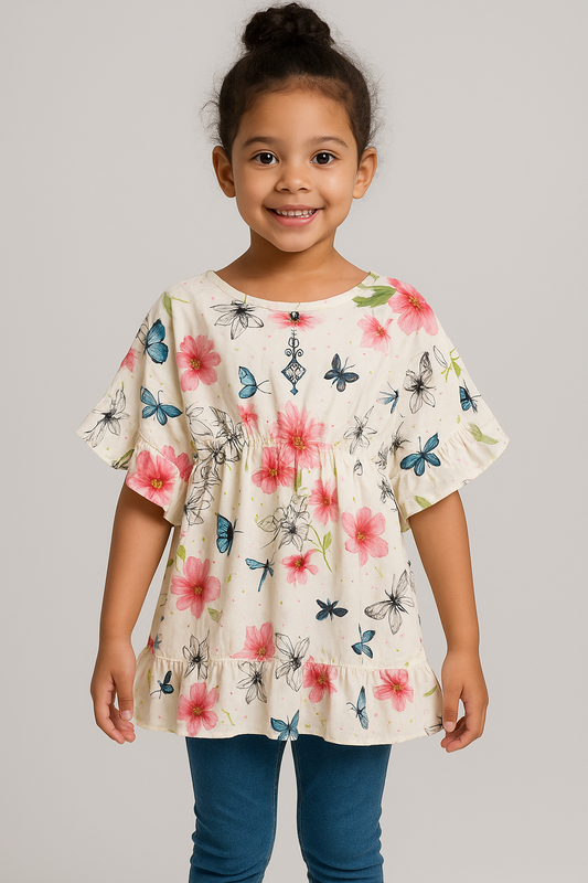 Floral Butterfly Print Chiffon Frock – Soft Lined Comfort