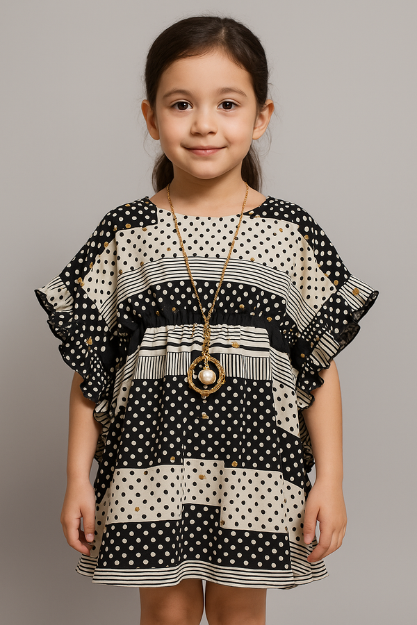 Black & Beige Polka Dot Chiffon Frock – Classy & Comfy Elegance