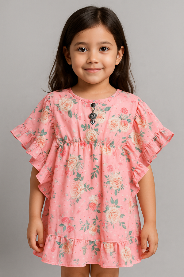 Blush Pink Floral Chiffon Frock – Ruffle Sleeve Elegance