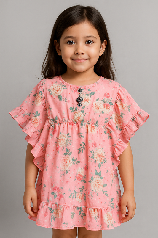 Blush Pink Floral Chiffon Frock – Ruffle Sleeve Elegance
