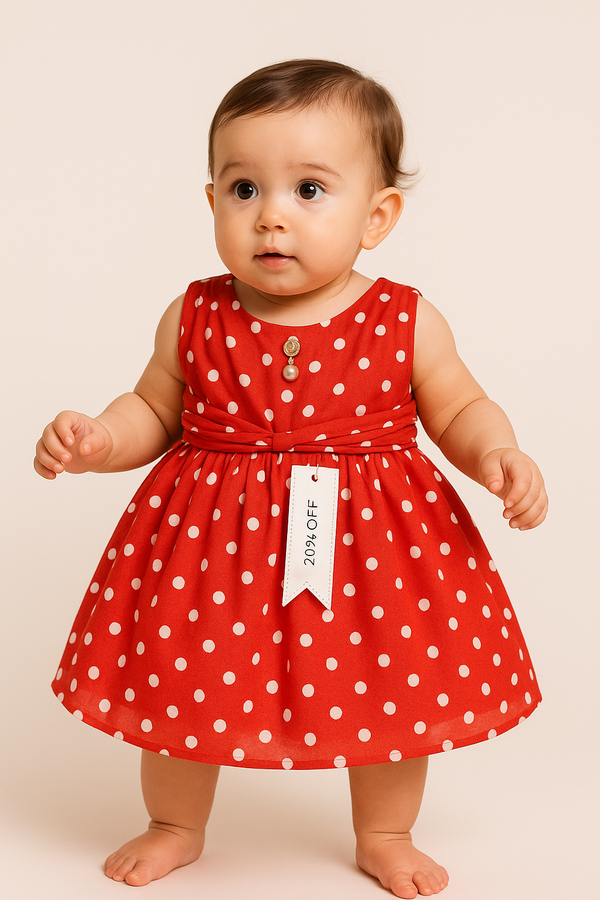 Elegant Red Polka Net Party Frock for 1-Year-Old Baby Girl – Soft Tulle with Cotton Lining