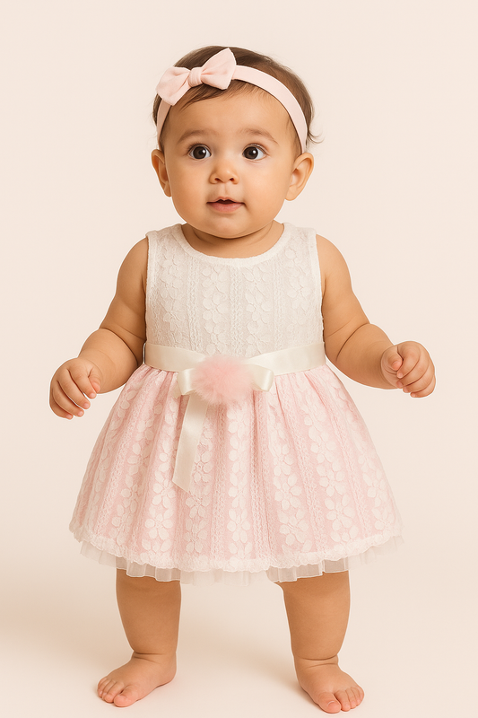 Adorable Baby Pink Lace Net Frock for 1-Year-Old Girls – Soft Cotton Lining & Satin Bow