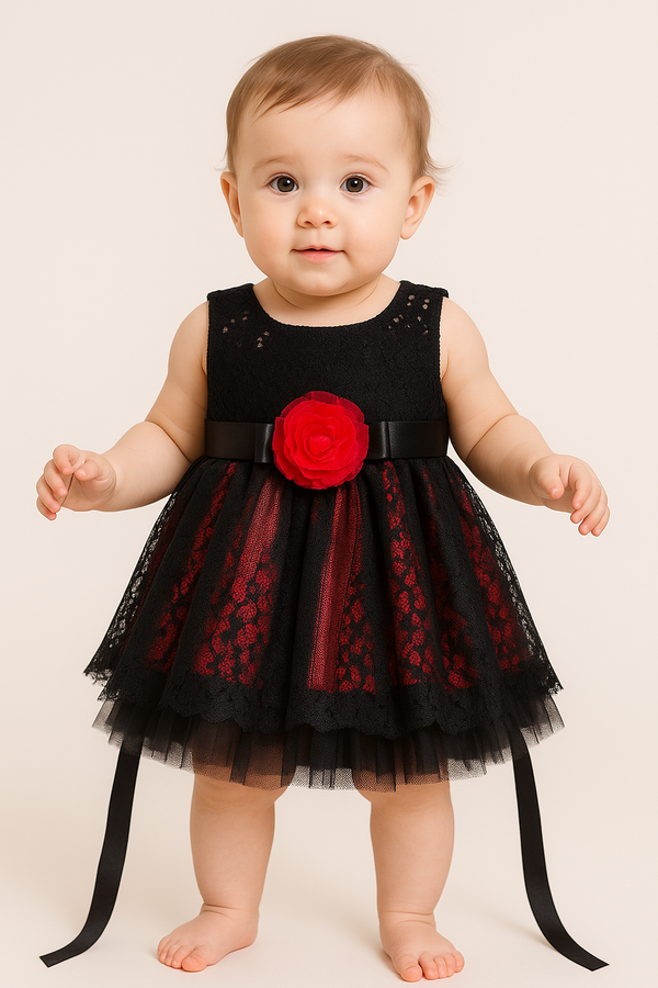 Charming Black & Red Lace Net Party Frock for 1-Year-Old Baby Girl – Soft Tulle with Floral Embellishment