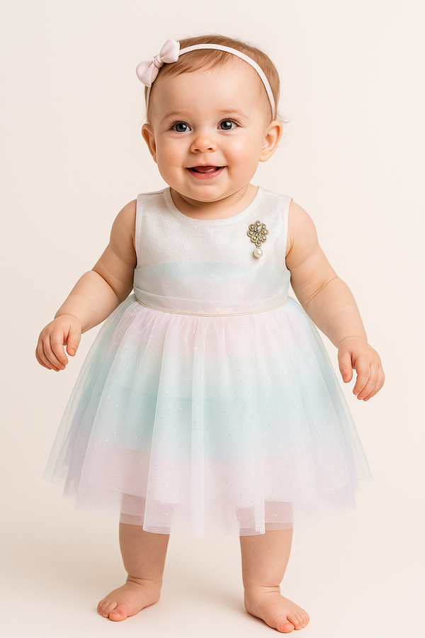 Pastel Rainbow Net Party Frock for 1-Year-Old Baby Girl – Sparkle Tulle with Pearl Brooch Detail
