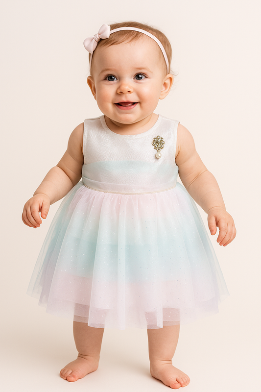 Pastel Rainbow Net Party Frock for 1-Year-Old Baby Girl – Sparkle Tulle with Pearl Brooch Detail