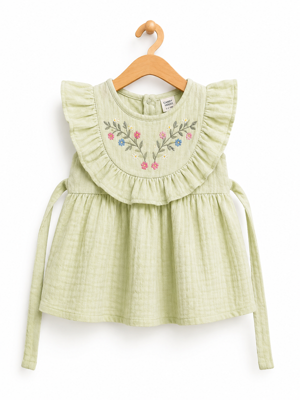 Sage Green Floral Muslin Frock for Baby Girls | Infant Dress 0-3 Years