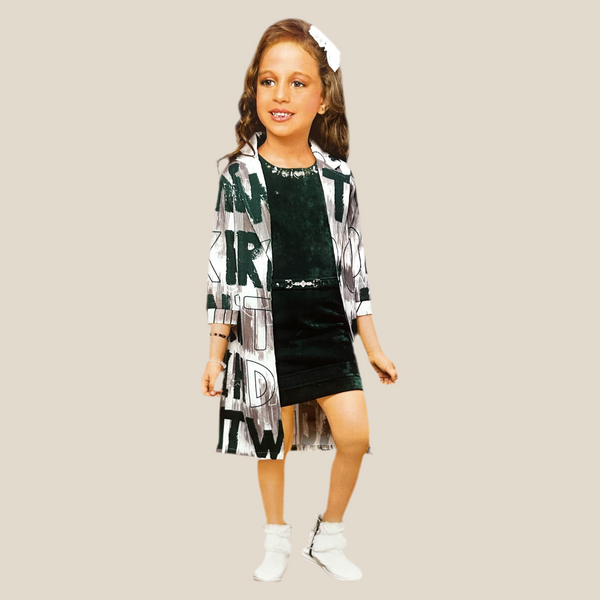 Title: Stylish Kids Velvet Dress with Printed Cardigan