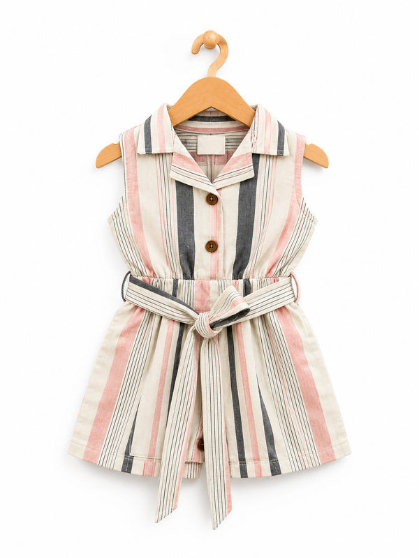 Candy House Girls Striped Sleeveless Belted Romper – Pink & Grey