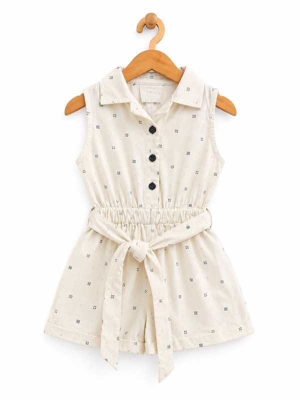 Girls' Sleeveless Printed Romper with Collar & Tie Belt – Off White