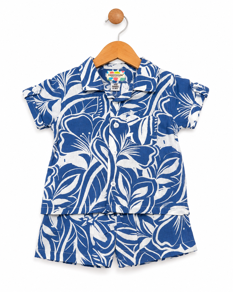 Baby Boys Blue Tropical Print Cotton Cord Set | Soft Summer Shirt & Shorts Co-ord Set