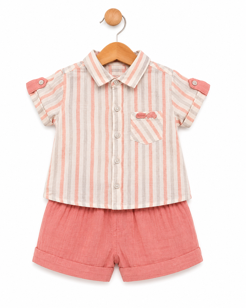 Baby Boys Pink & White Striped Cotton Cord Set | Soft Summer Shirt & Shorts Set