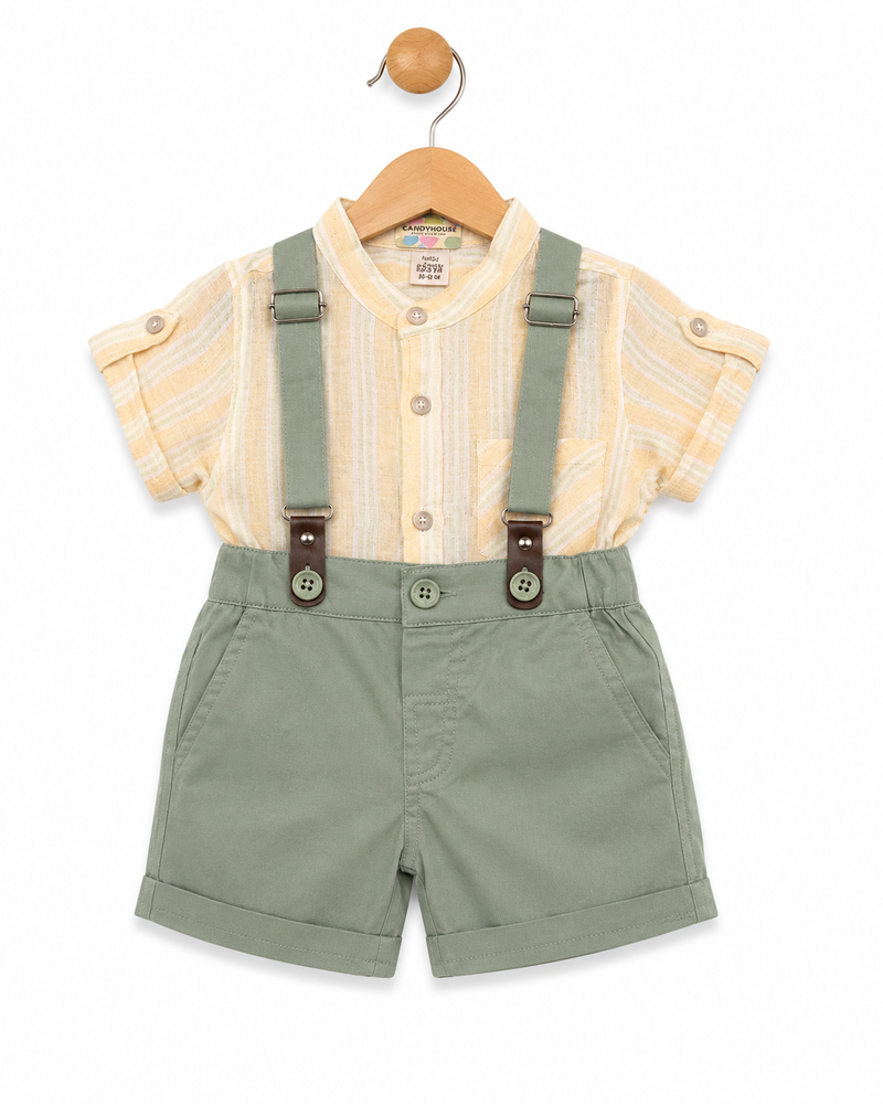 Baby Boys Sage Green Suspender Shorts Set with Striped Cotton Shirt | Summer Outfit