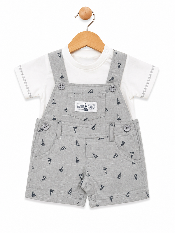 Baby Boys Grey Sailboat Dungaree Romper with White Cotton T-Shirt | Soft Summer Outfit
