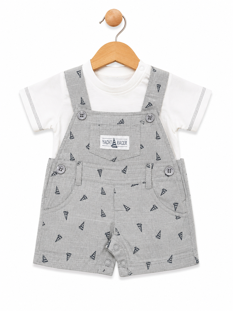 Baby Boys Grey Sailboat Dungaree Romper with White Cotton T-Shirt | Soft Summer Outfit