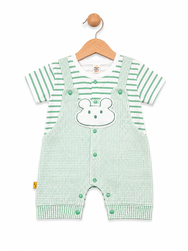 Baby Boys Green Striped Bear Cotton Romper | Soft Summer Romper