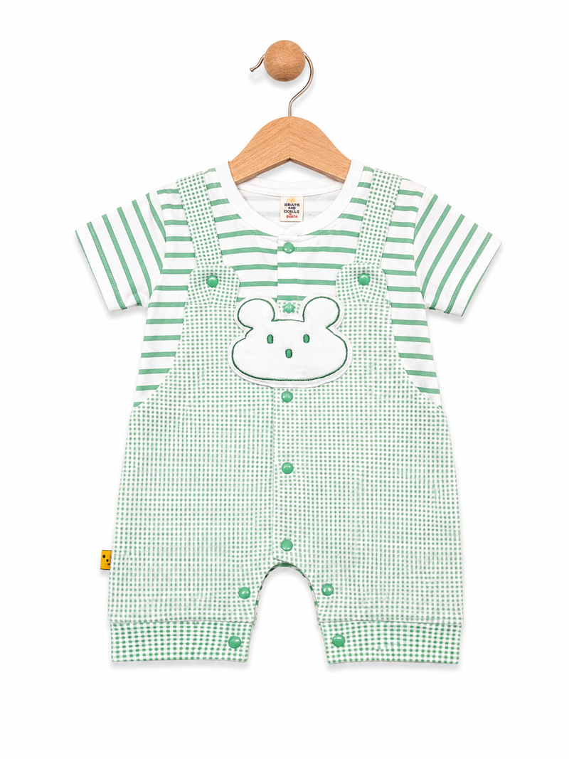 Baby Boys Green Striped Bear Cotton Romper | Soft Summer Romper