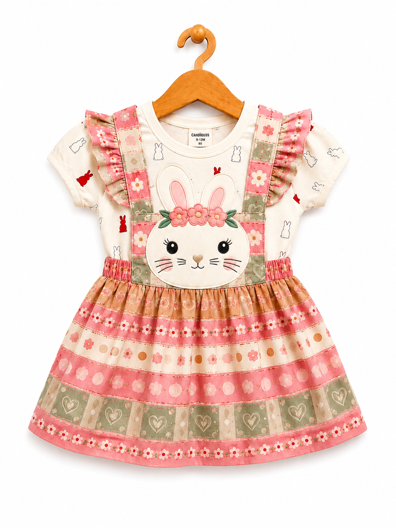 Girls Pink Bunny Print Dungaree Set | Cute Cotton Pinafore with T-Shirt