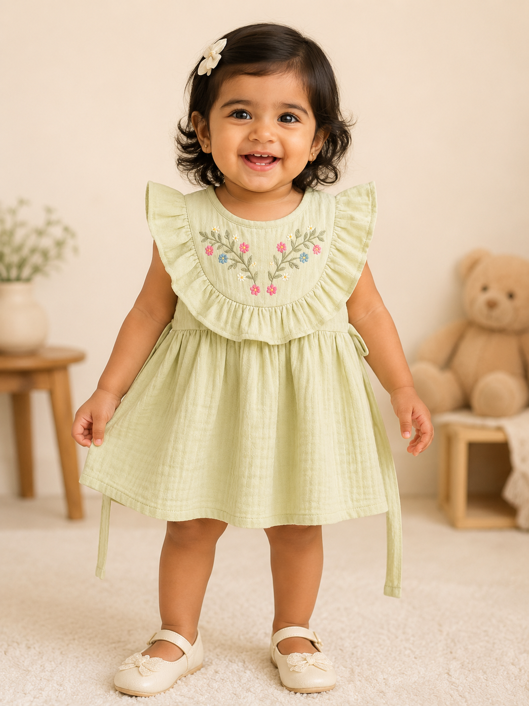 Sage Green Floral Muslin Frock for Baby Girls | Infant Dress 0-3 Years
