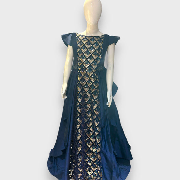 Title: Elegant Navy Blue Sequined Long Dress for Girls
