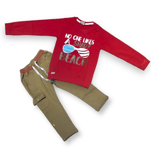 Trendy Boys Full Set with Red Graphic Sweatshirt and Khaki Pants - ShoppingMood