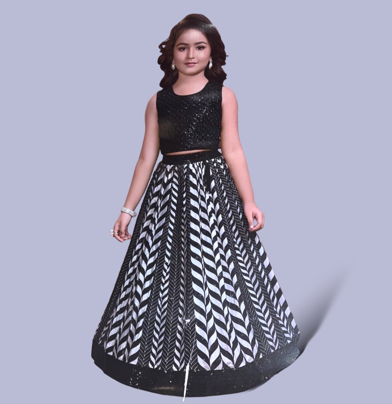 Stunning Black and White Geometric Lehenga for Girls – Imported Chiffon Fabric - ShoppingMood
